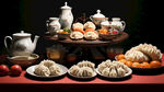 大桌  完整  排放各式各样  水饺  包子  花卷  茶  小水果  细节清晰  明亮背景