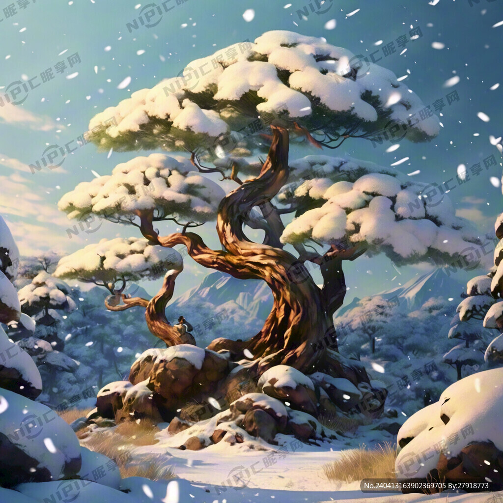 画一张黄金比例的雪松 古龙风格