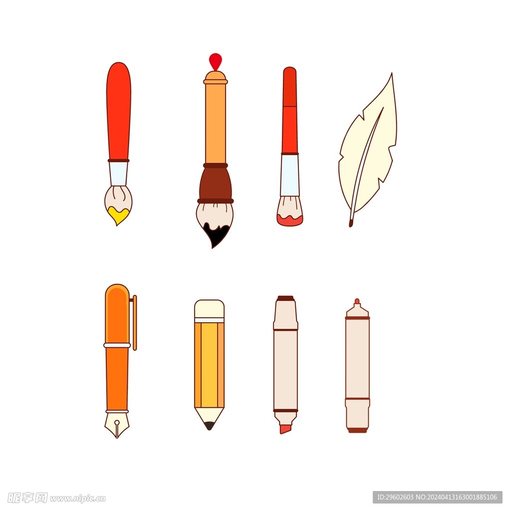 毛笔铅笔钢笔羽毛笔马克笔矢量图