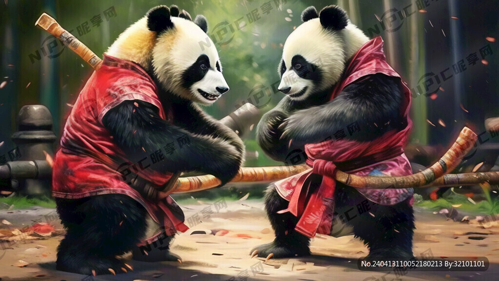 两只会功夫的熊猫正在比武