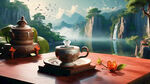 茶叶包装素材 游戏梦幻唯美新中式风景，超高清，细节刻画，飘渺电影般环境，明亮清晰 绿色为主