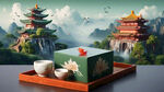 茶叶包装盒子素材 游戏梦幻唯美新中式风景，超高清，细节刻画，飘渺电影般环境，明亮清晰 绿色为主