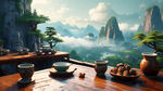 茶叶素材 山水 游戏梦幻唯美新中式风景，超高清，细节刻画，飘渺电影般环境，明亮清晰 绿色为主