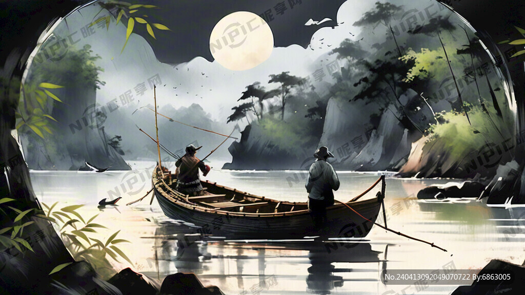 写意山水画 竹筏 山水 渔翁