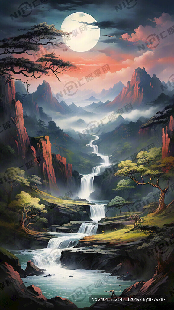 源远流长招财山水画 山 树