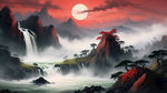 源远流长招财山水画，红色的山，树，云雾，红色太阳，瀑布，水墨画，中国风