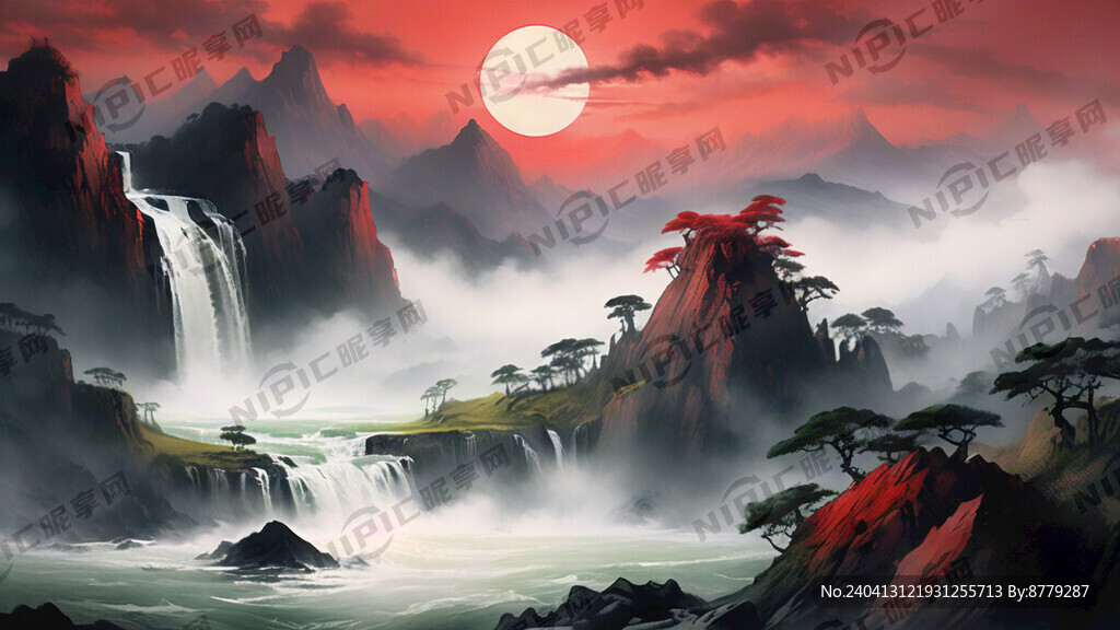 源远流长招财山水画 红色的山