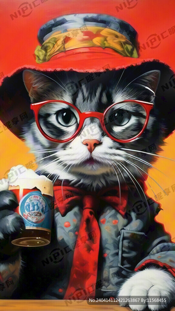戴红色帽子 戴着眼镜的猫咪