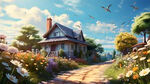 房子，蓝天白云，鲜花满地，小路，春天，自然风光，阳光明亮，天空晴朗，细节丰富，飞翔的鸟儿