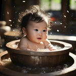 婴儿宝宝在木桶里泡浴