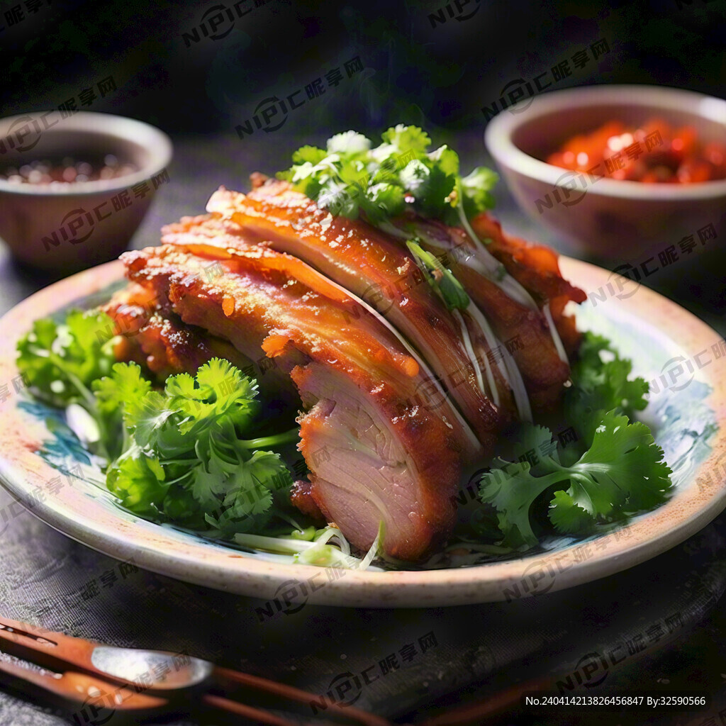 盘子 香菜 炸五花肉拌圆葱