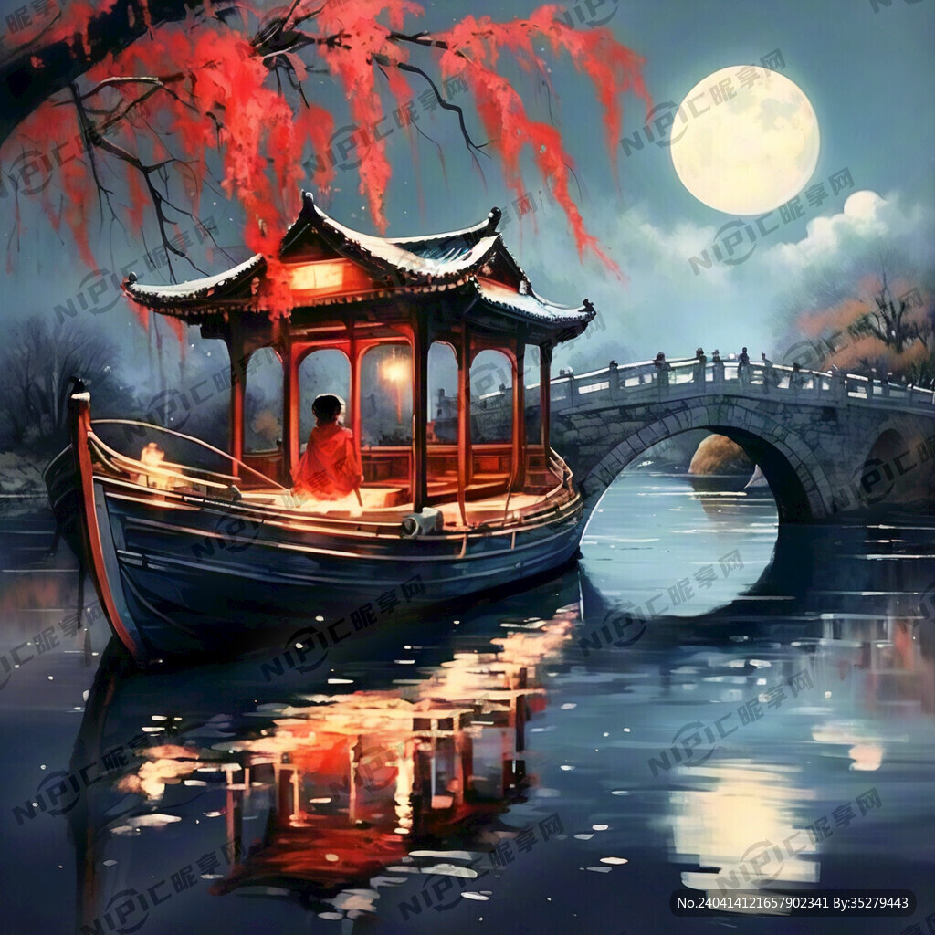 夜色下 石桥边 柳树旁 