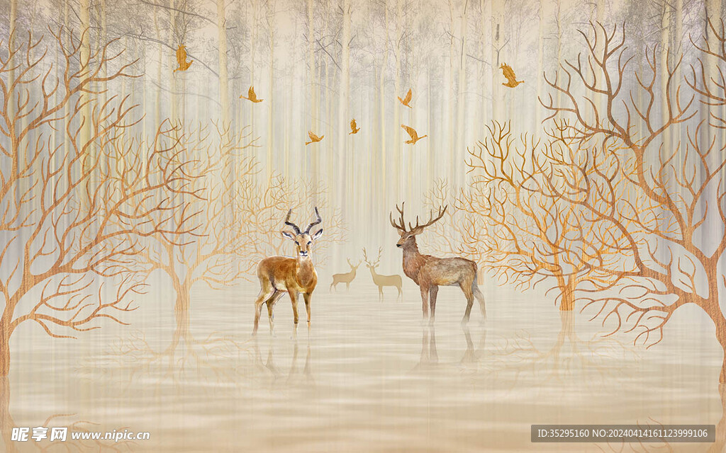 现代欧式森林麋鹿装饰画背景墙