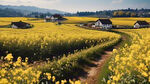农村一大片金黄的油菜花田，中间有一小路，蜿蜒曲折，远处还有农家的房子