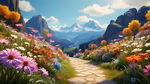 鲜花，山峰，明亮，色彩斑斓，蓝天白云，春天，细节丰富，乡间小路，鸟语花香