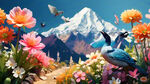 鲜花，山峰，春天，五颜六色，鸟语花香，细节丰富，蓝天白云