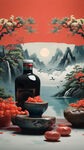 中秋节定制白酒 商业摄影 纯色背景 中国风 超写实