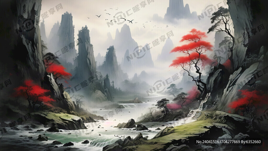 山谷 中国风 中国画 山水
