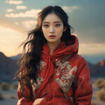 一个女模特身穿红色保暖衣，站在沙漠中，傍晚时间，夕阳