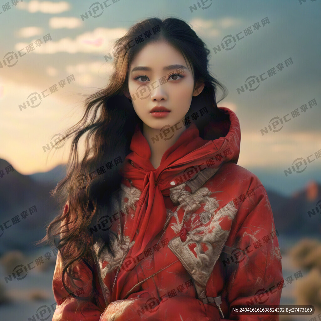 一个女模特身穿红色保暖衣 夕阳