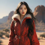 一个女模特身穿红色保暖衣，全身，站在沙漠中，傍晚时间，夕阳，远景