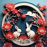 衍纸艺术，春节，可爱兔子，唯美红色，红梅，红灯笼，高清，创意构图