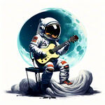 卡通宇航员手里抱着乐器，坐在弯月亮上面  背景为白色   插画