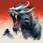 中国风，怪兽，红色背景，龇牙咧嘴，愤怒
