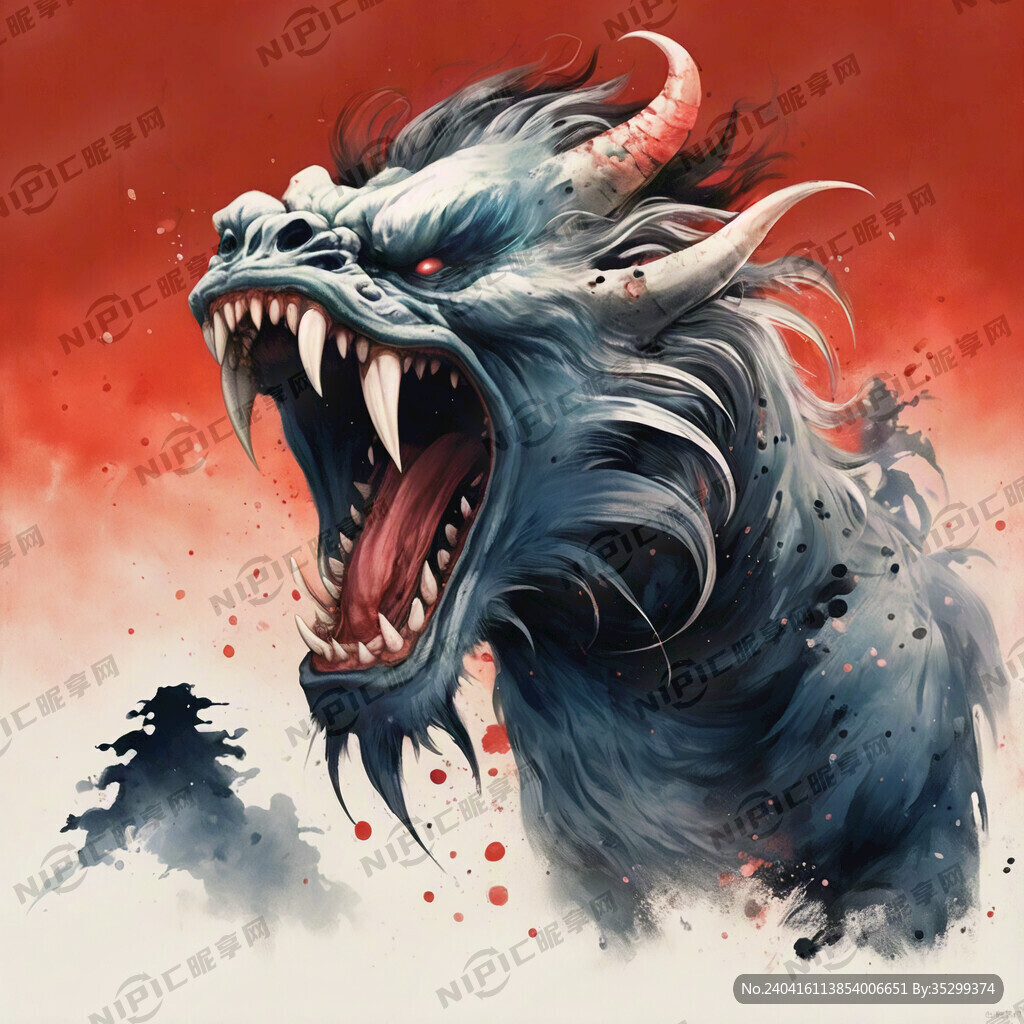 中国风 怪兽 红色背景 愤怒