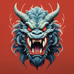 中国风，怪兽，红色背景，龇牙咧嘴，愤怒，饕餮正面