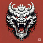 中国风，红色背景，龇牙咧嘴，愤怒，饕餮，恶魔，二次元