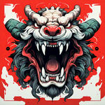 中国元素，红色背景，龇牙咧嘴，愤怒，饕餮，二次元