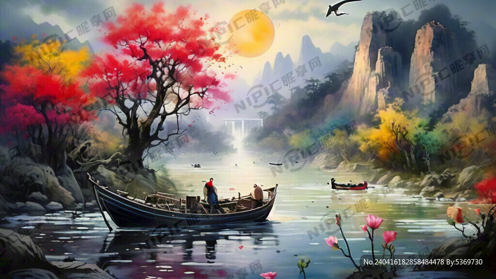 山水画 国画 明亮色彩 炫彩 