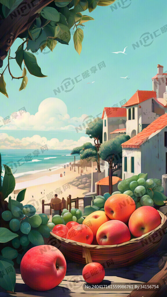 海滨小镇水果插画