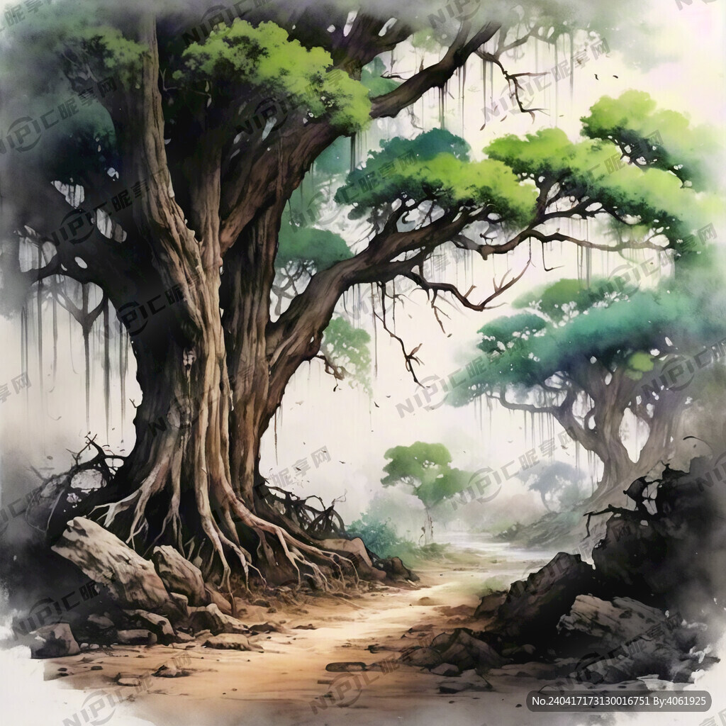 榕树线条描绘