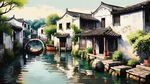 江南水乡，房屋要古朴，白墙黑瓦。