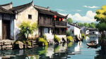 江南水乡，房屋要多要古朴，白墙黑瓦。水面不要船。
