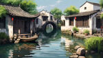 江南水乡，房屋要多要古朴，白墙黑瓦。画面中间要有个大台门。水面不要船。