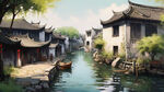 江南水乡远景，房屋要多要古朴，白墙黑瓦。画面中间要有个大台门。水面不要船。