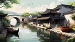 绍兴水乡远景，房屋要多要古朴，白墙黑瓦。远处有石桥，画面中间要有个大台门。水面要乌蓬船。