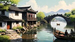 绍兴水乡远景，房屋要多要古朴，白墙黑瓦。远处有江南石桥，画面中间要有个大台门。水面不要有船。
