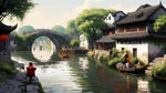 绍兴水乡远景，房屋要多要古朴，白墙黑瓦。远处有江南石桥，有可以走人的河岸，画面中间要有个大台门。