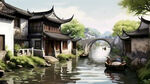 绍兴水乡远景，房屋要10间以上，要古朴，白墙黑瓦。远处有江南石桥，有可以走人的河岸，画面中间要有个大台门。