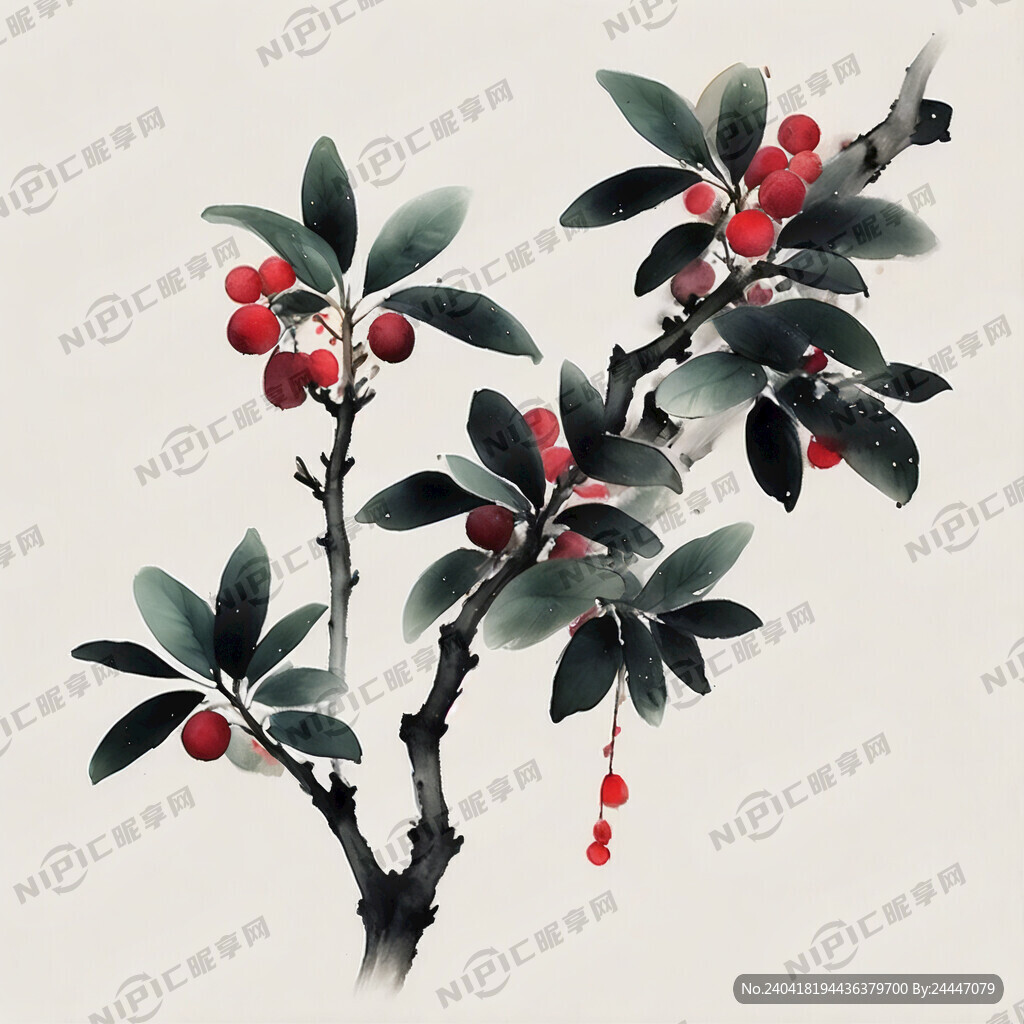 黑色水墨杨梅树枝插画背景空白