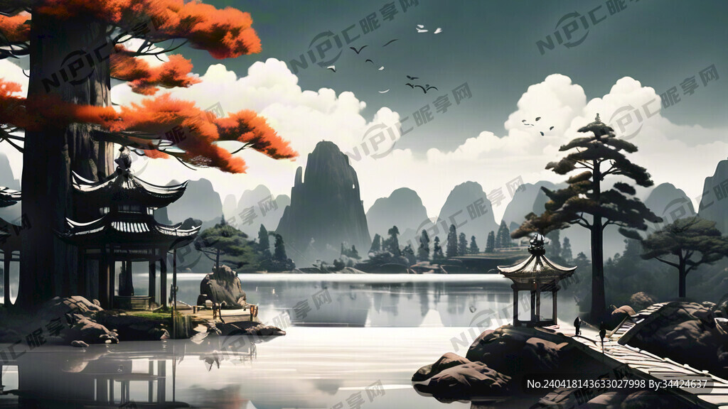 山水 松树 亭子 古人 黑白