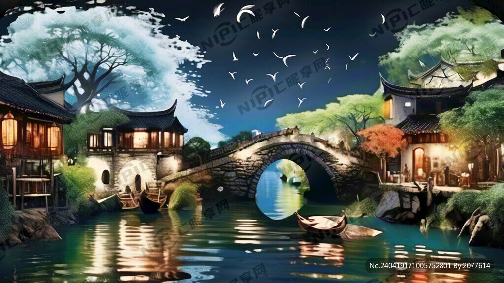 江南水乡愿景 中间有江南石桥