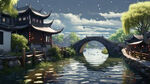 江南水乡，远景，深夜，江南石桥，CG，超细节，超高清，白墙黑瓦，写实，插画，不要有树，天空干净，两侧有田野