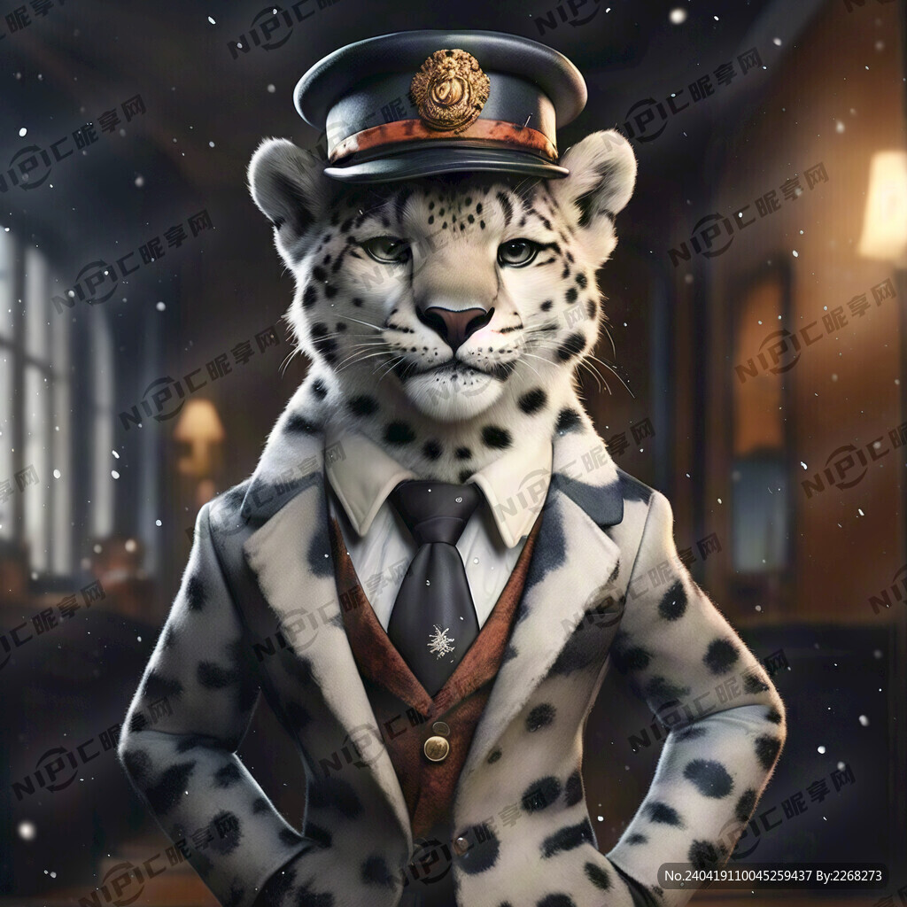 穿正式制服和正式帽子的雪豹卡通