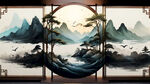 抽象山水 三层木饰面 灯带 中国风