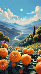 橙子，茶山，菊花，自然风光，阳光明亮，天空晴朗，细节丰富，风景插画